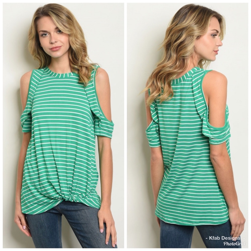 🛍LAST 1! Green Striped Cold Shoulder Top! - Picture 5 of 6